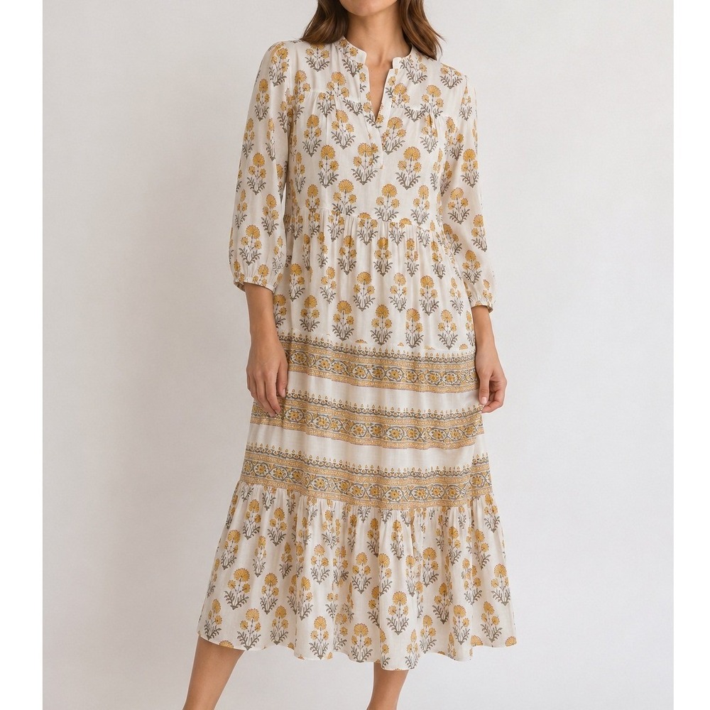 Madison Mathews Folly Midi Dress Medium Yellow Floral Cotton Tiered Boho Coastal